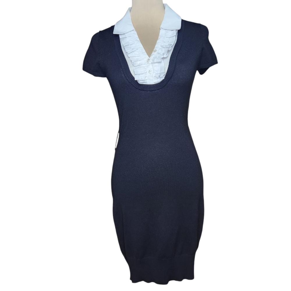 Say What? Y2K Wednesday Addams Knit Dress Black White Collar Ruffle Small Goth